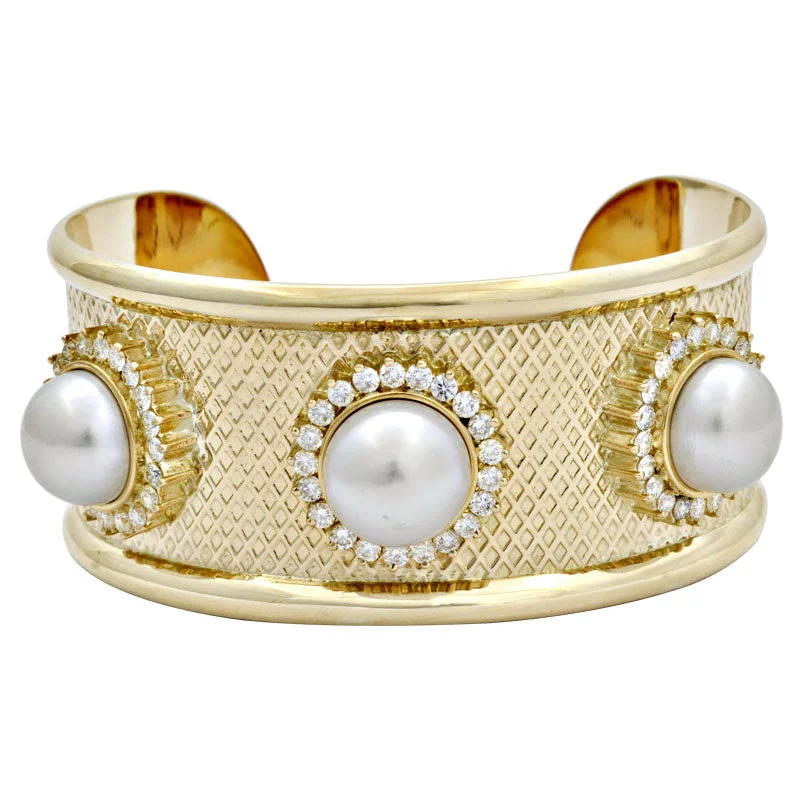 Custom Bangle Set with Birthstones for Family Gifts-Cuff Bangle-South Sea Pearl and Diamond