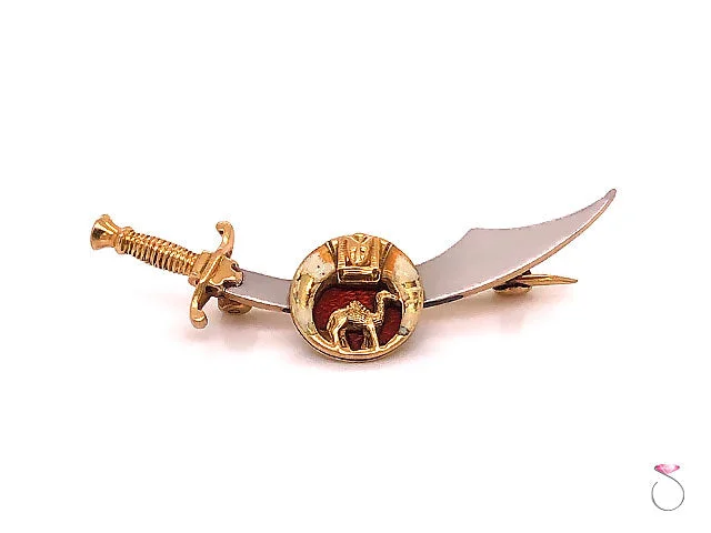 Luxury Crystal Brooch for Evening Wear-Vintage Shriners Masonic Enamel Sword Brooch in 14K Yellow Gold