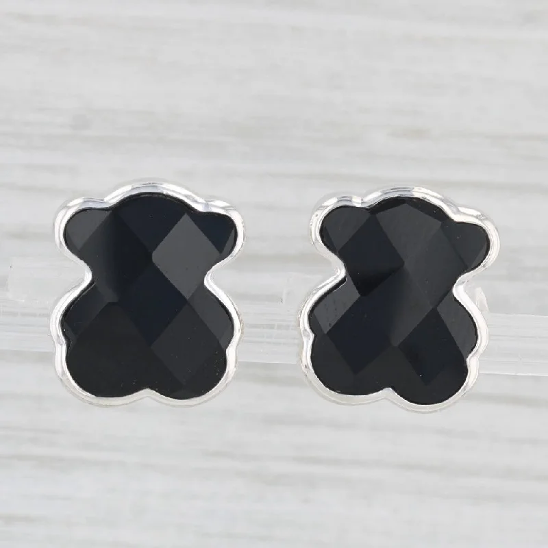 Oval Shaped Earrings-Black Onyx Teddy Bear Stud Earrings Sterling Silver Tous