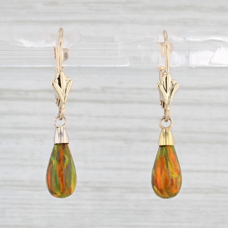 Long Dangle Earrings-Lab Created Multicolor Opal Teardrop Earrings 14k Yellow Gold Lever Backs