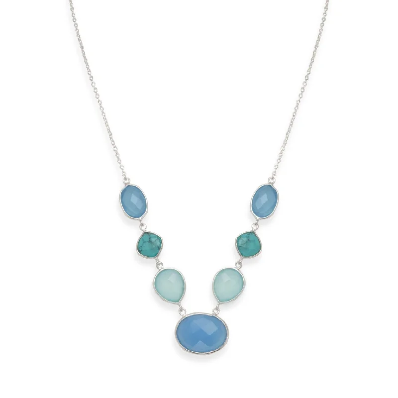 Sterling Silver Heart Necklace-Sterling Silver Natural Turquoise and Chalcedony Necklace