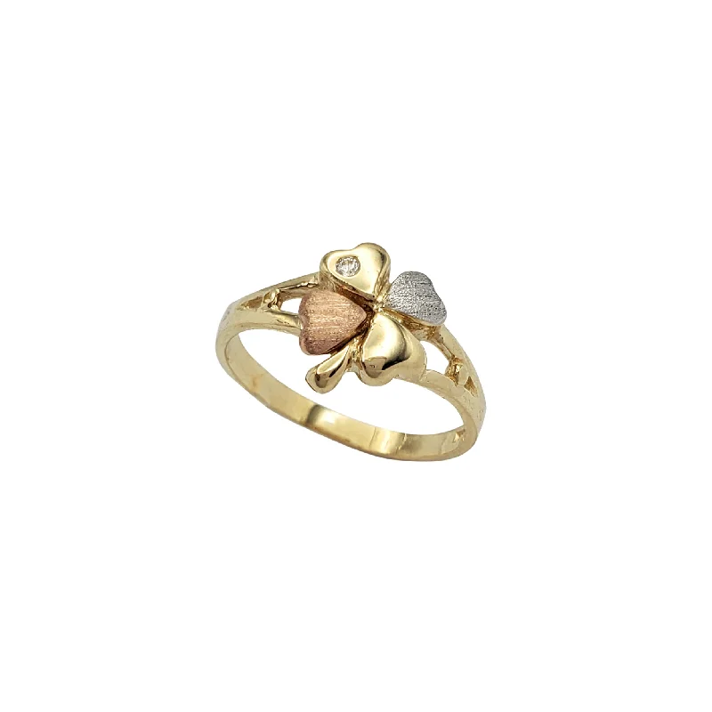 Elegant Gold Ring for Anniversary-Zirconia Tricolor Four Clover Lady Ring (14K)