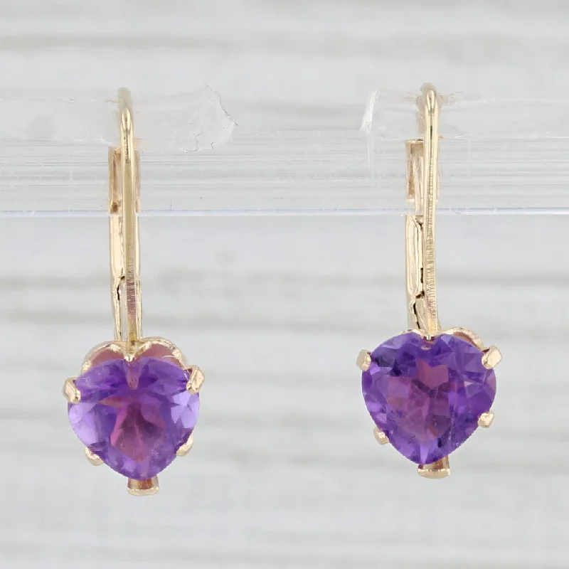 Chic Earrings for Women-1.30ctw Amethyst Heart Earrings 14k Yellow Gold Pierced Drops