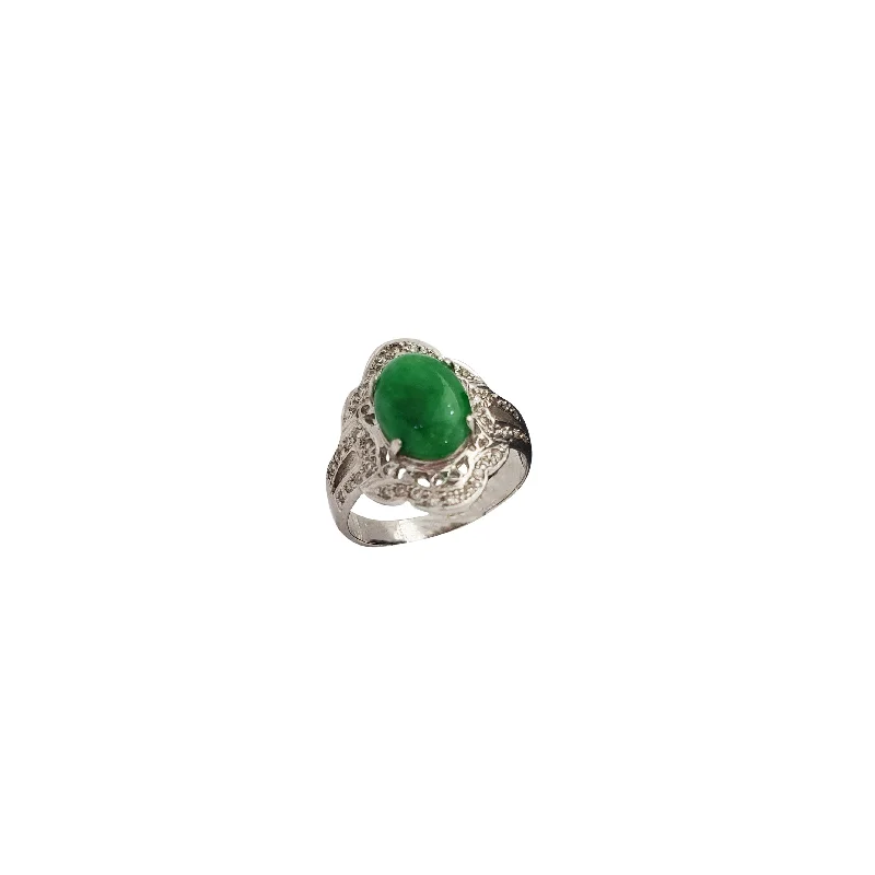 Custom Birthstone Ring for Moms-Oval Jade Floral Diamond  Ring (14K)