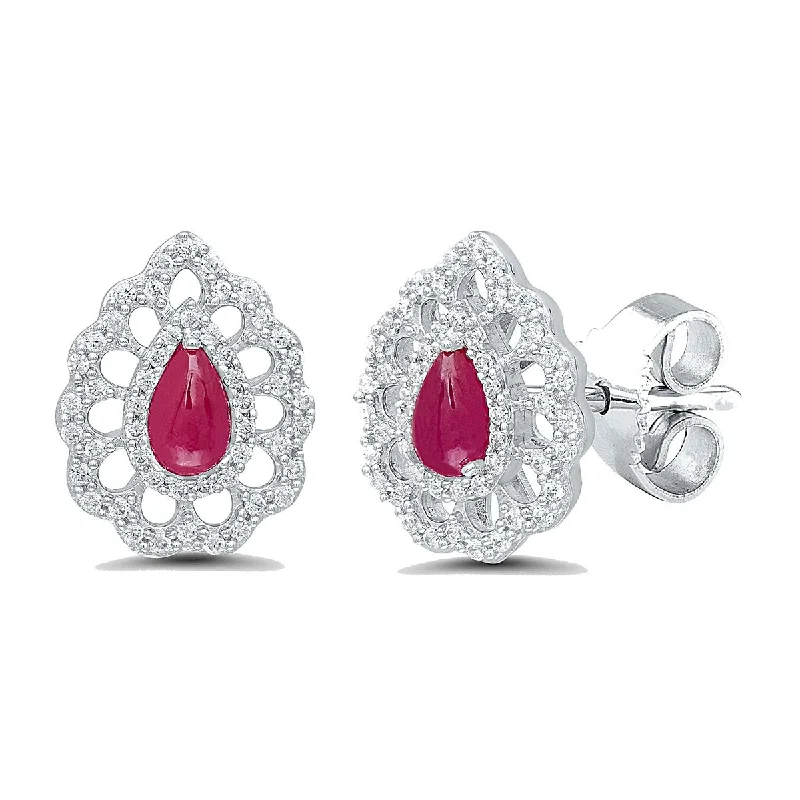 Butterfly Earrings for Girls-WHITE GOLD STUD EARRINGS WITH PEAR SHAPED CABOCHON CUT RUBIES AND SIDE DIAMONDS, .32 CT TW