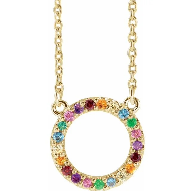 Colorful Beaded Necklace for Spring-14k Gold Rainbow Natural Gemstone Circle Necklace