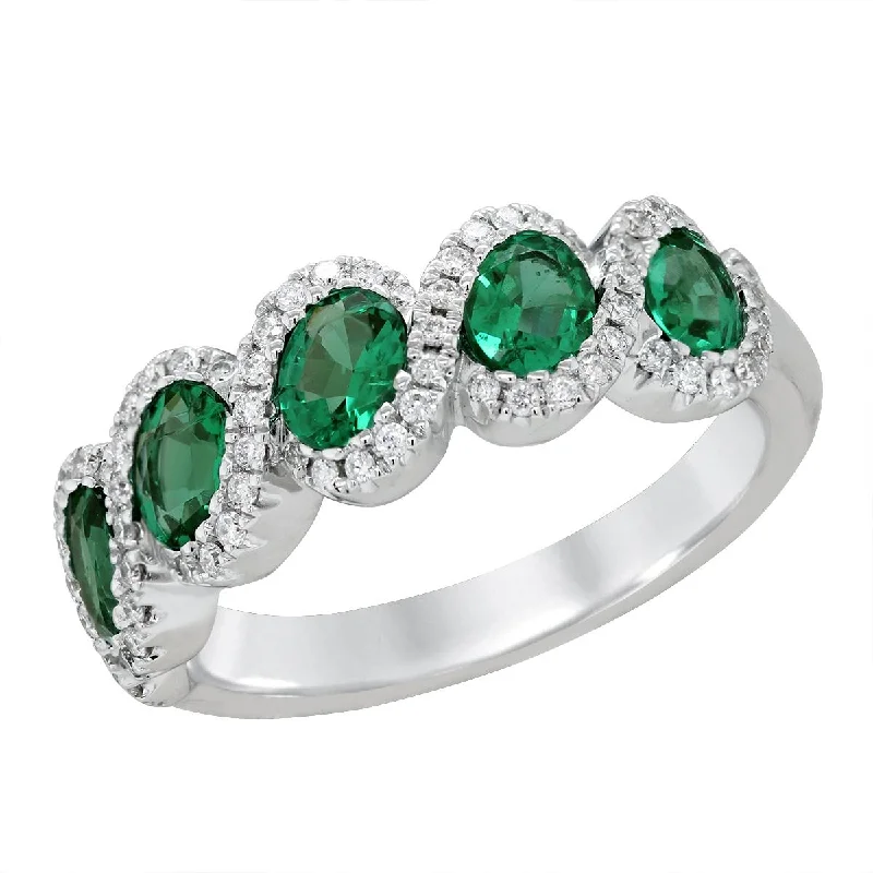 Zirconia Earrings for Evening Wear-WHITE GOLD FASHION RING WITH OVAL CUT EMERALDS AND DIAMONDS, .25 CT TW