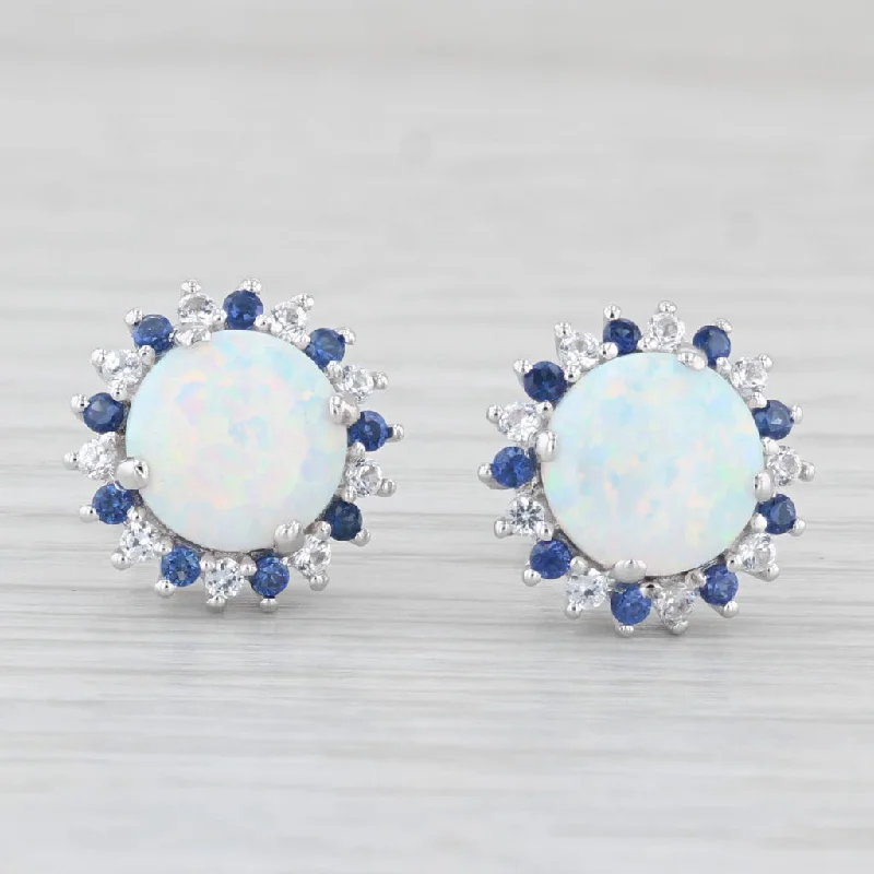 Bright Colorful Earrings-Lab Created Opal Lab Created Sapphire Halo Earrings Sterling Silver Studs