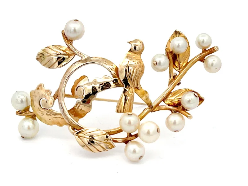 Elegant Floral Brooch with Pearl and Crystal-Mings Bird on a Blossom Large Brooch with Pearls in 14k Yellow Gold