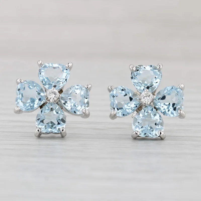 Custom Design Earrings-5.58ctw Aquamarine Diamond Flower Stud Earrings 14k White Gold