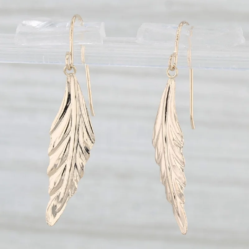 Handmade Silver Earrings-Feather Leaf Dangle Earrings 14k Yellow Gold Hook Post Drops