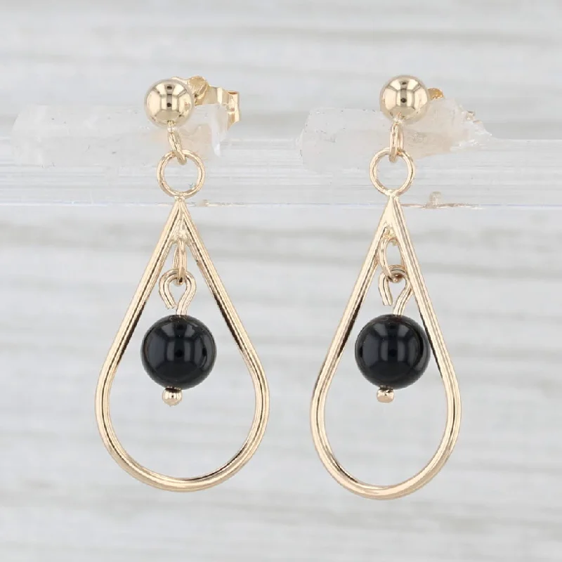 Large Drop Earrings-Onyx Teardrop Earrings 14k Yellow Gold Pierced Dangles