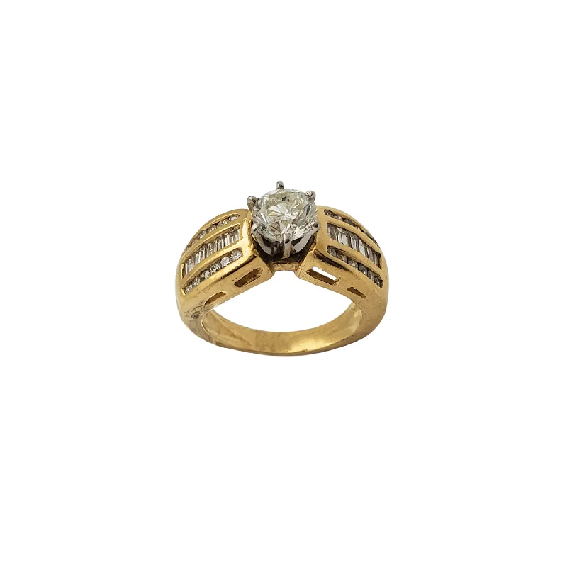 Luxury Gold Ring with Emerald Stone-Diamond Round & Baguette Channel-Set Engagement Ring (14K)