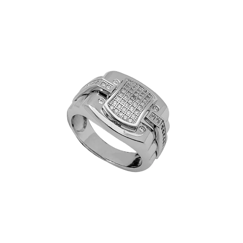 Custom Wedding Ring with Unique Shape-Iced-Out Buckler Ring (Silver)