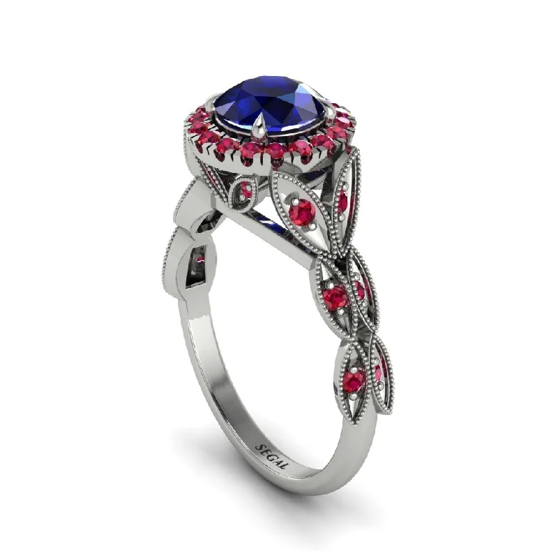 Fashionable Chunky Ring for Bold Look-Sapphire Halo Nature Inspired Leaf Engagement Ring - Alessandra No. 60