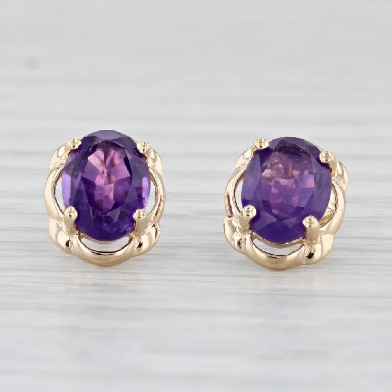 3D Earrings for Women-2.30ctw Amethyst Stud Earrings 14k Yellow Gold Oval Cabochon Solitaire