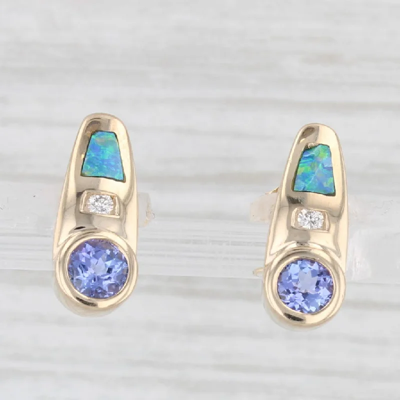 Silver Circle Earrings-0.54ctw Tanzanite Diamond Blue Opal Earrings 14k Yellow Gold Stud Drops