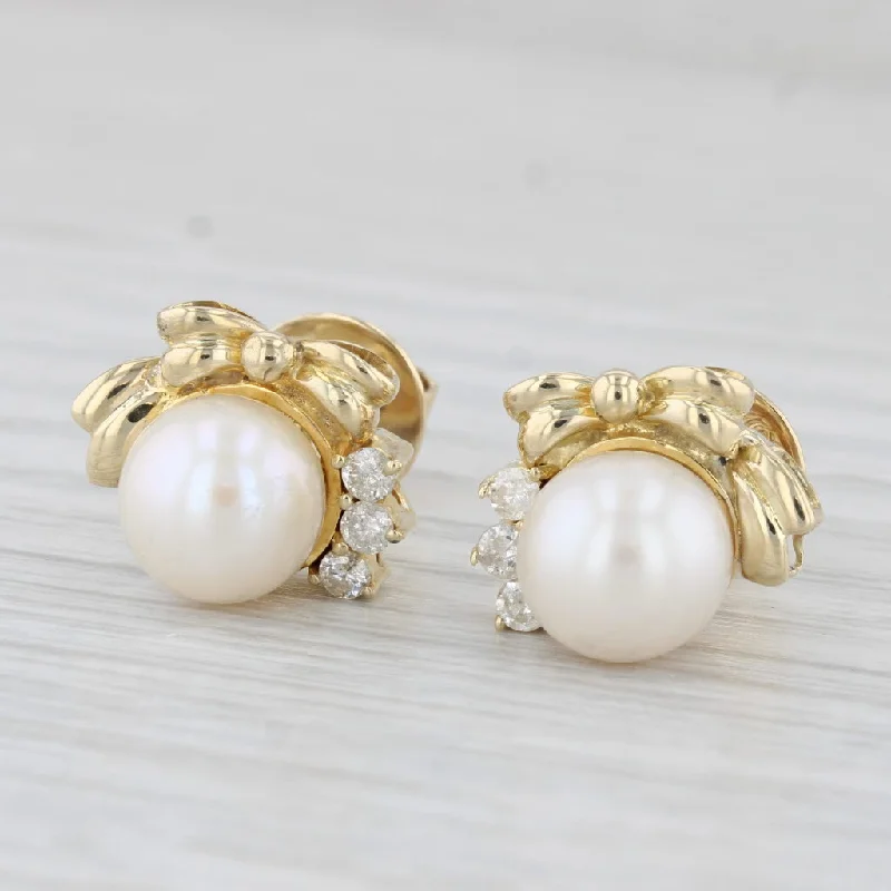 Feather Drop Earrings-Cultured Pearl 0.20ctw Diamond Bow Stud Earrings 14k Yellow Gold