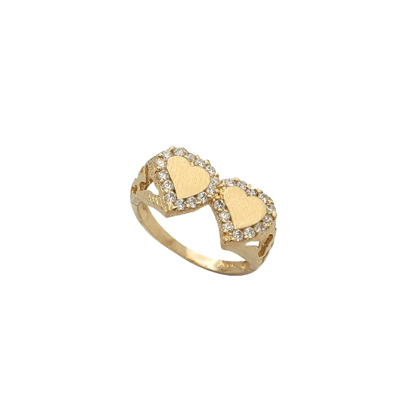 Unique Diamond Ring for Special Gifts-Zirconia Double Heart Brushed-Finish Nugget Texture Ring (14K)