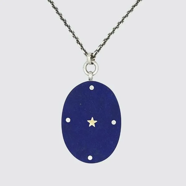 Personalized Birthstone Necklace-Large Oval Lapis Pendant Necklace with Gold Star