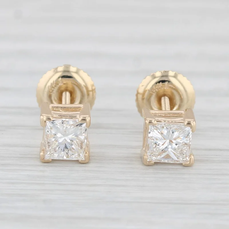 Green Emerald Earrings-0.90ctw Diamond Princess Stud Earrings 14k Yellow Gold Solitaire Studs