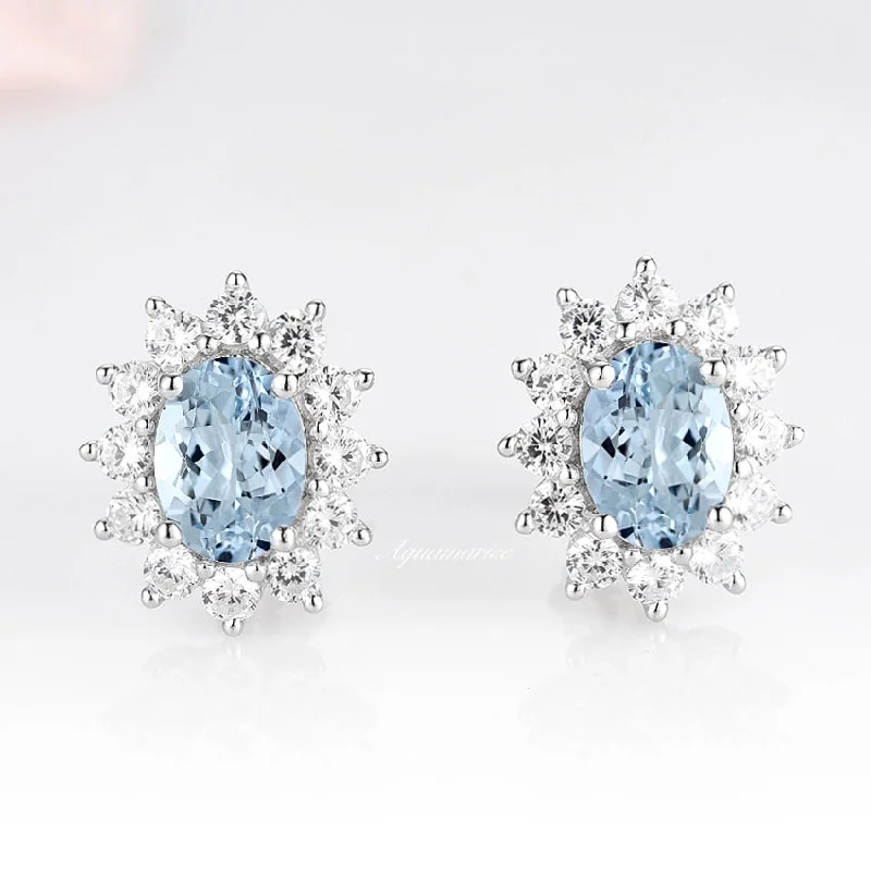 Crystal Gemstone Earrings-Diana Halo Oval Aquamarine Stud Earrings- Sterling Silver