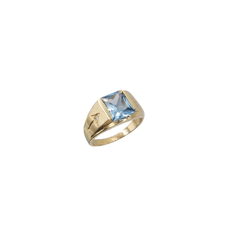 Simple Diamond Ring with Gold Band-Rectangular Aquamarine Cz Man Ring (14K)