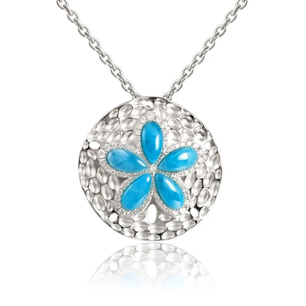 Modern Pendant Necklace for Women-Sterling Silver Alamea Hawaii Larimar Sand Dollar Pendant