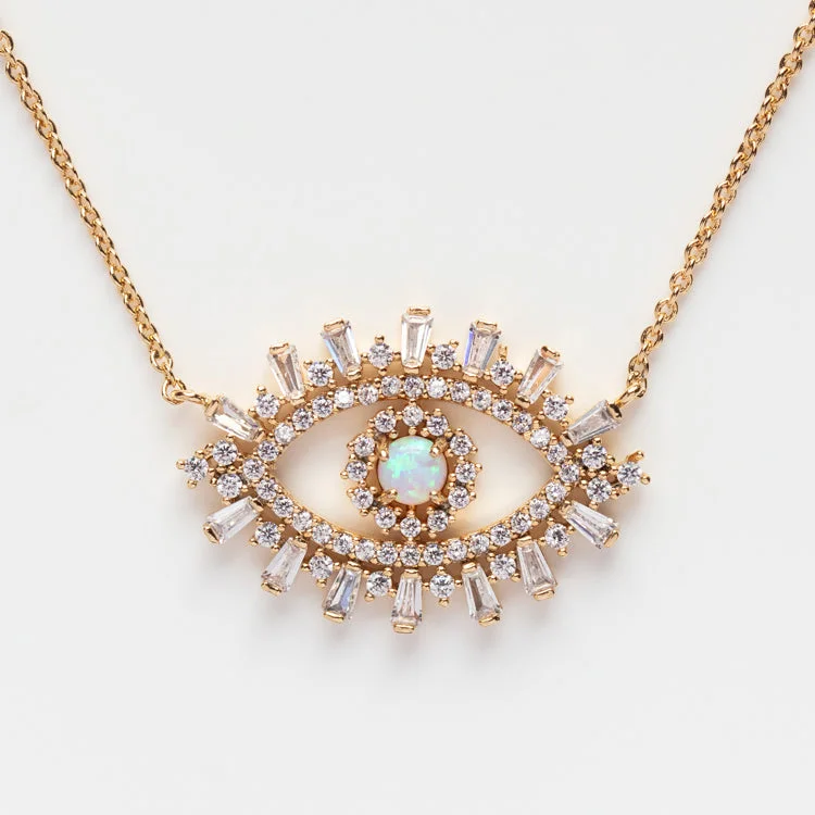 Luxury Pearl Necklace for Bridesmaids-CZ Evil Eye with Opal Center Necklace