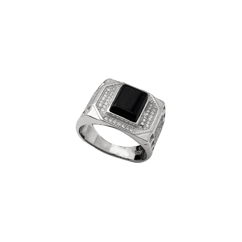 Designer Diamond Ring for Engagement-Black Onyx Icy Signet Ring (Silver)