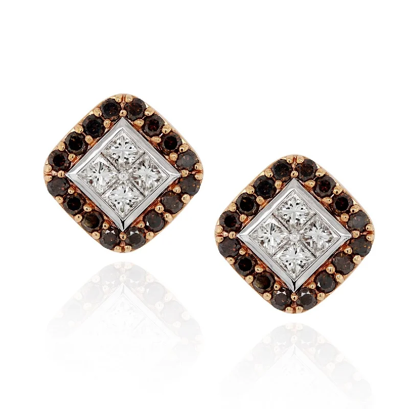 Large Drop Earrings-TWO-TONE GOLD STUD EARRINGS WITH 40 WHITE AND BROWN DIAMONDS, 2.25 CT TW