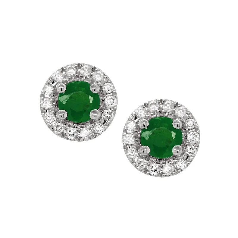 Polished Gold Earrings-WHITE GOLD EMERALD STUD EARRINGS WITH DIAMOND HALOS, .10 CT TW