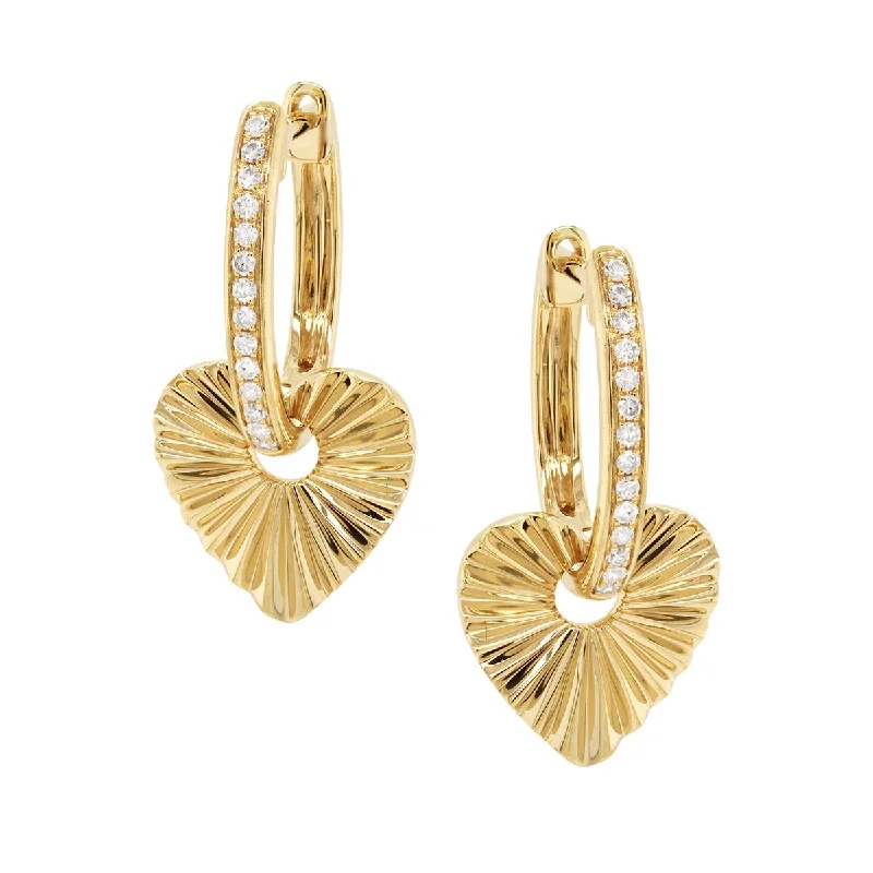 Handmade Hoop Earrings-YELLOW GOLD HOOP EARRINGS WITH DANGLE HEARTS AND DIAMONDS, .15 CT TW