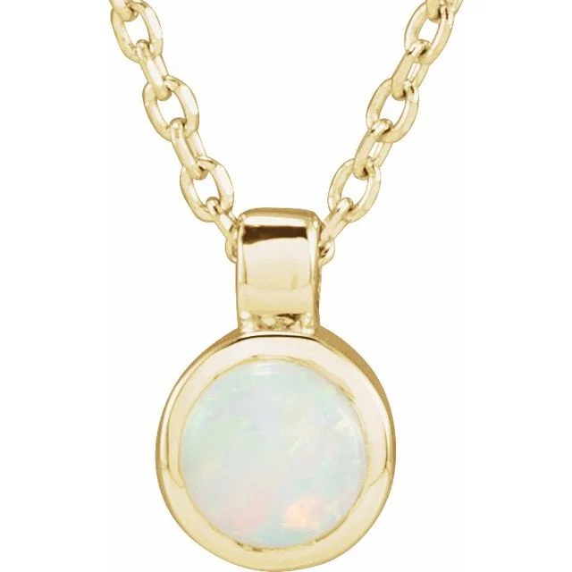 Simple Gold Necklace for Everyday Use-14K White or Yellow Gold Natural White Opal Bezel-Set 16-18" Necklace