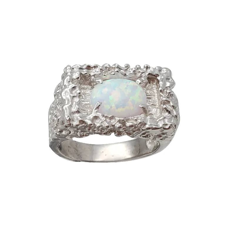 Custom Wedding Ring Set with Diamonds-Rectangular Nugget Opal Ring (Silver)