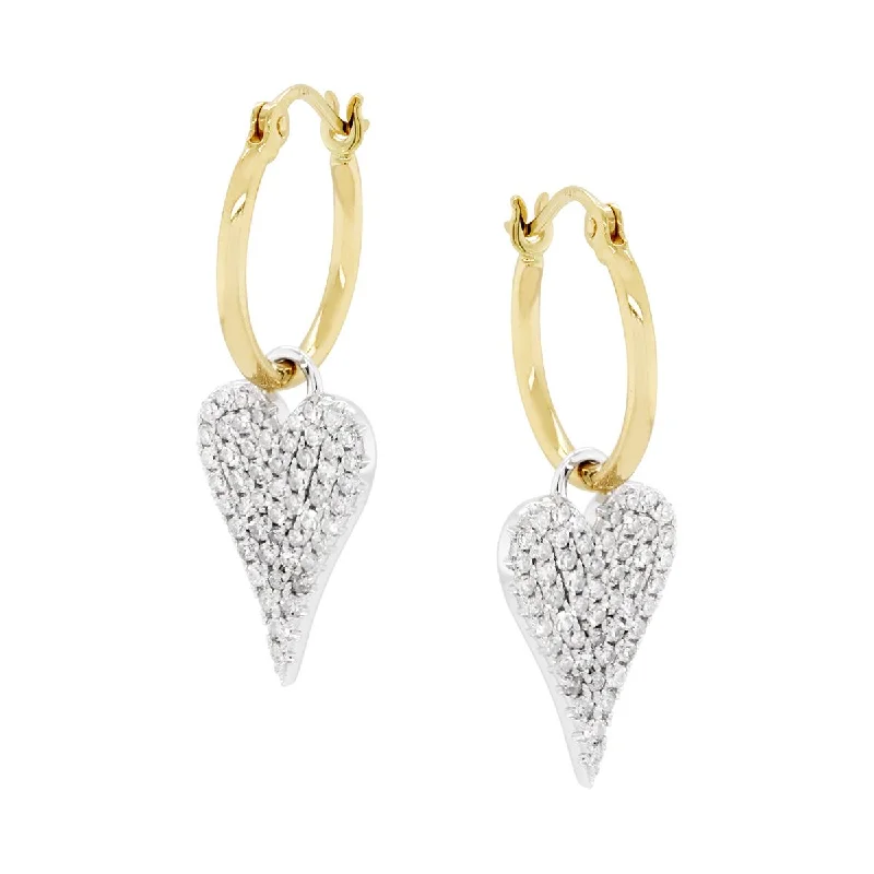 Cute Heart Earrings for Girls-TWO-TONE GOLD HOOPS WITH DANGLING DIAMOND HEARTS, .64 CT TW