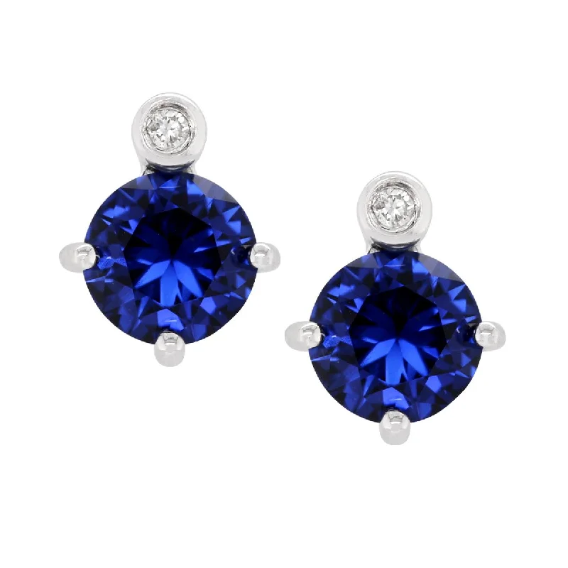 Light Crystal Earrings-STERLING SILVER STUDS WITH LAB GROWN SAPPHIRE AND DIAMOND ACCENTS, .02 CT TW