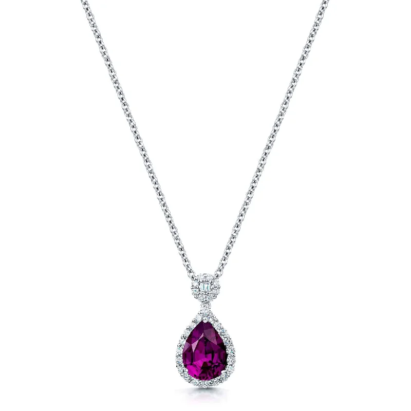 Personalized Name Necklace for Teens-18ct White Gold Pear Shape Rhodolite Garnet And Diamond Halo Pendant With A Diamond Cluster