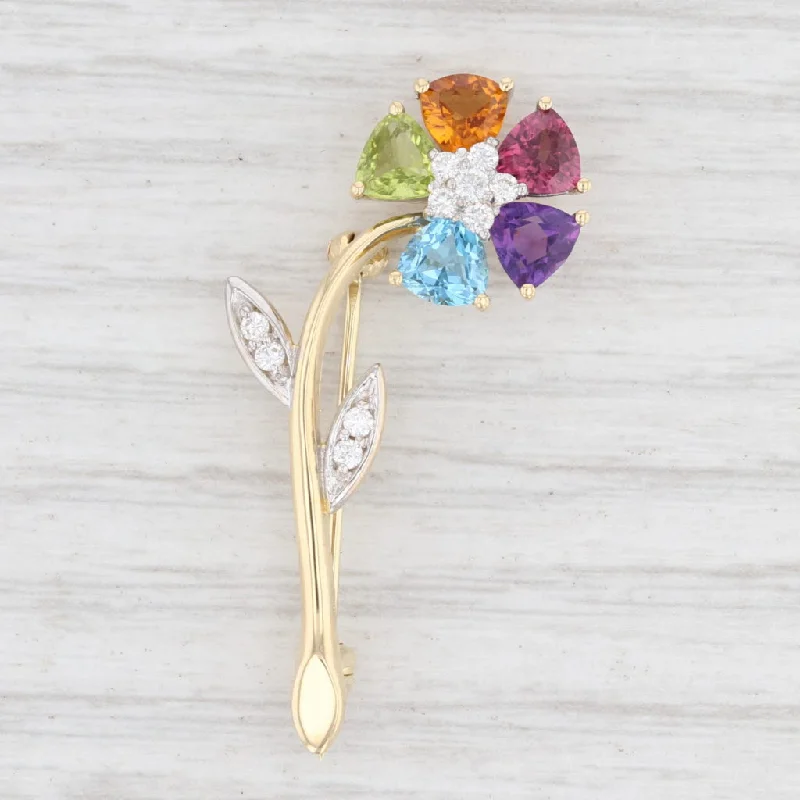 Simple Gold Brooch with Flower Pendant-2.59ctw Gemstone Flower Brooch 18k Gold Diamond Garnet Topaz Peridot Spark Pin