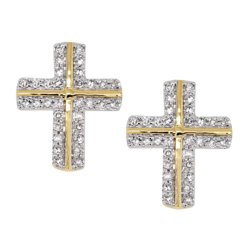 Colorful Acrylic Earrings-YELLOW GOLD CROSS STUD EARRINGS WITH DIAMONDS, .18 CT TW