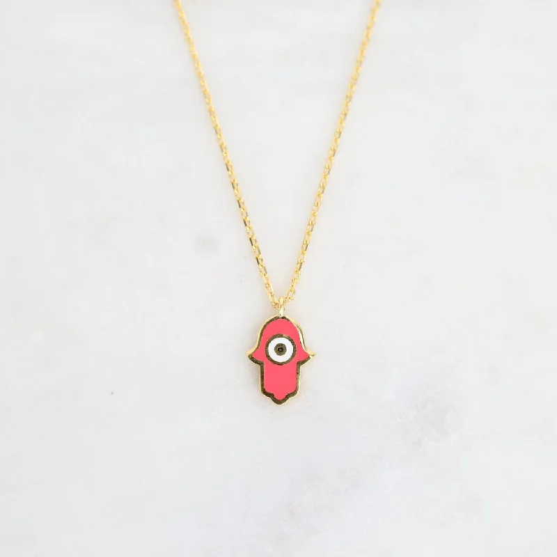 Fashionable Crystal Necklace for Casual Look-Hamsa with Evil Eye Enamel Necklace - Pink