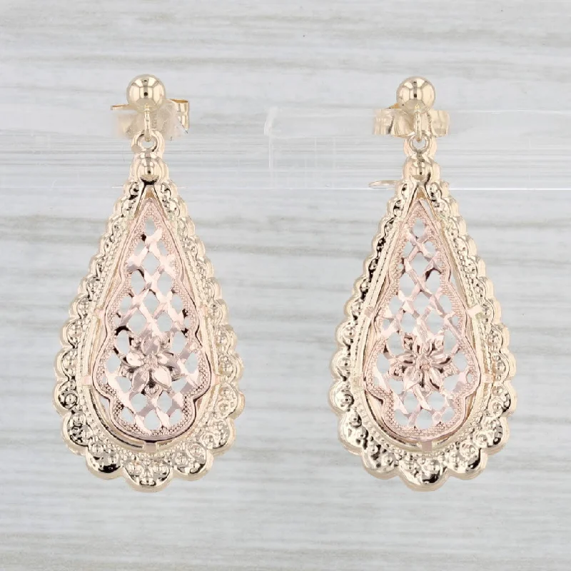 Double Hoop Earrings-Floral Lattice Work Teardrop Earrings 14k Yellow Rose Gold Pierced Drops