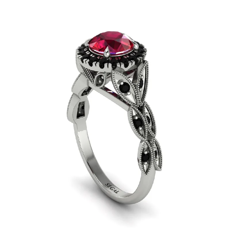 Personalized Family Ring with Stones-Ruby Halo Nature Inspired Leaf Engagement Ring - Alessandra No. 42