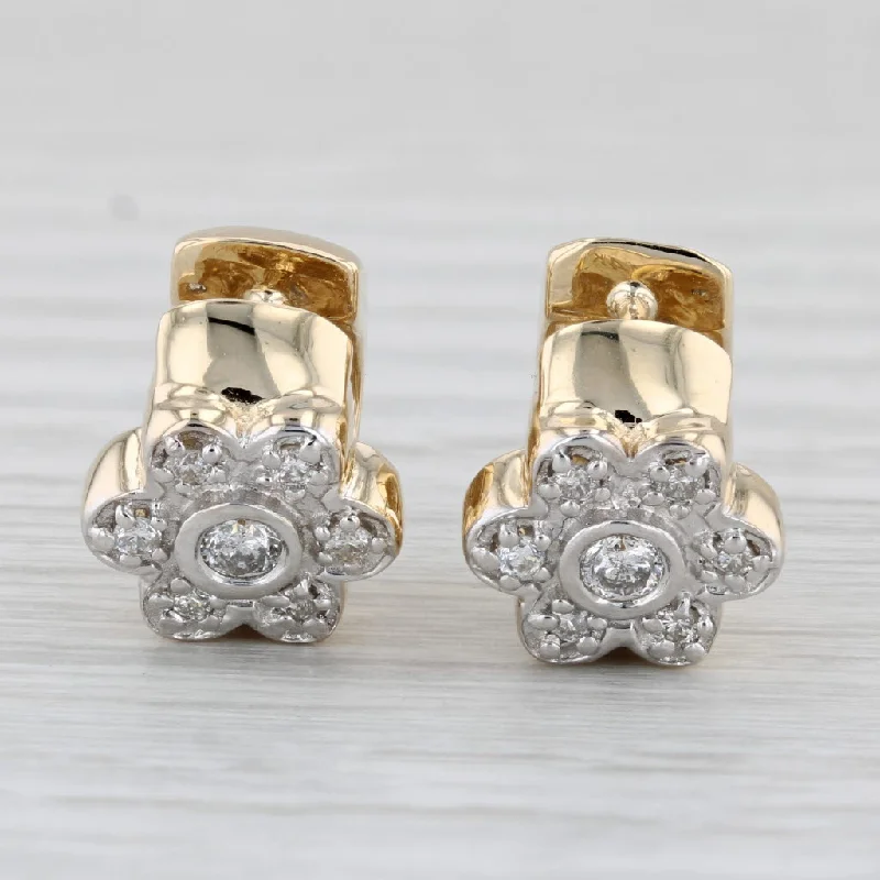 Unique Shape Earrings-0.38ctw Diamond Flower Huggie Small Hoop Earrings 14k Yellow Gold Snap Top