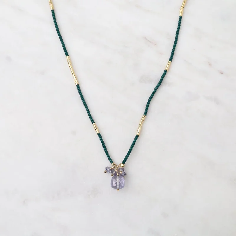 Rose Gold Necklace for Women-Dark Green Seed & Mystic Quartz Bead Necklace