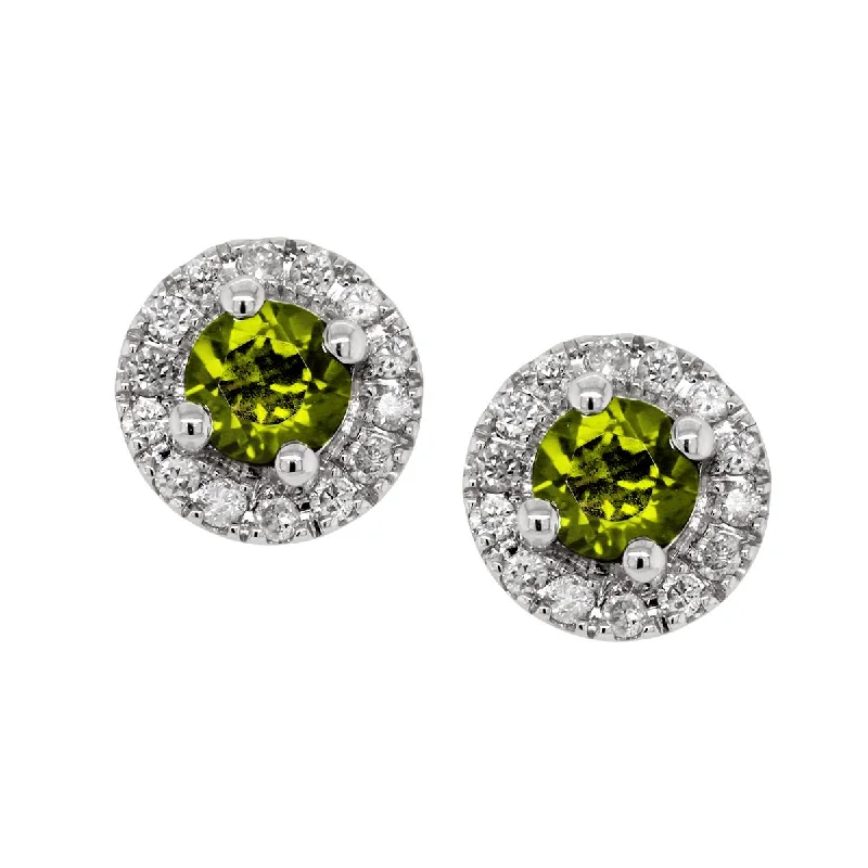 Luxury Silver Earrings-WHITE GOLD PERIDOT STUD EARRINGS WITH DIAMOND HALOS, .10 CT TW