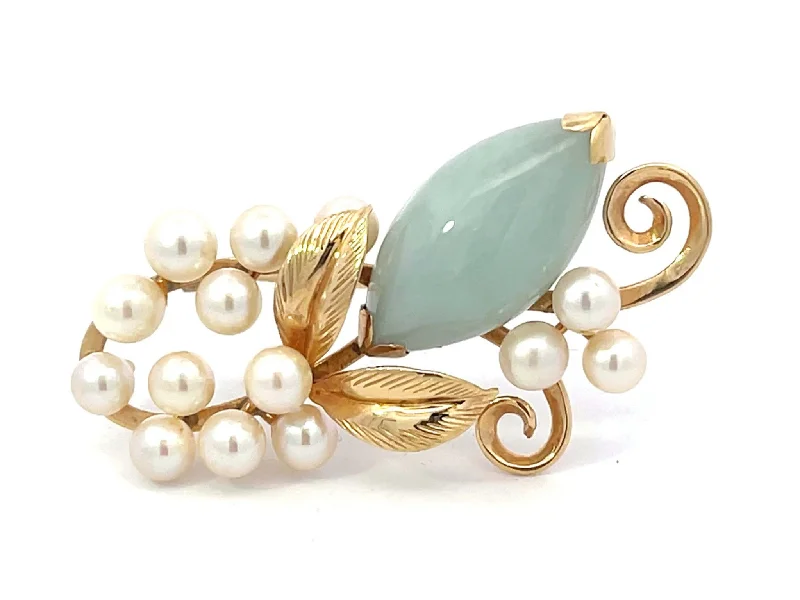 Personalized Brooch for Wedding Gifts-Mings Hawaii Jade and Pearl Leaf Branch Brooch in 14k Yellow Gold