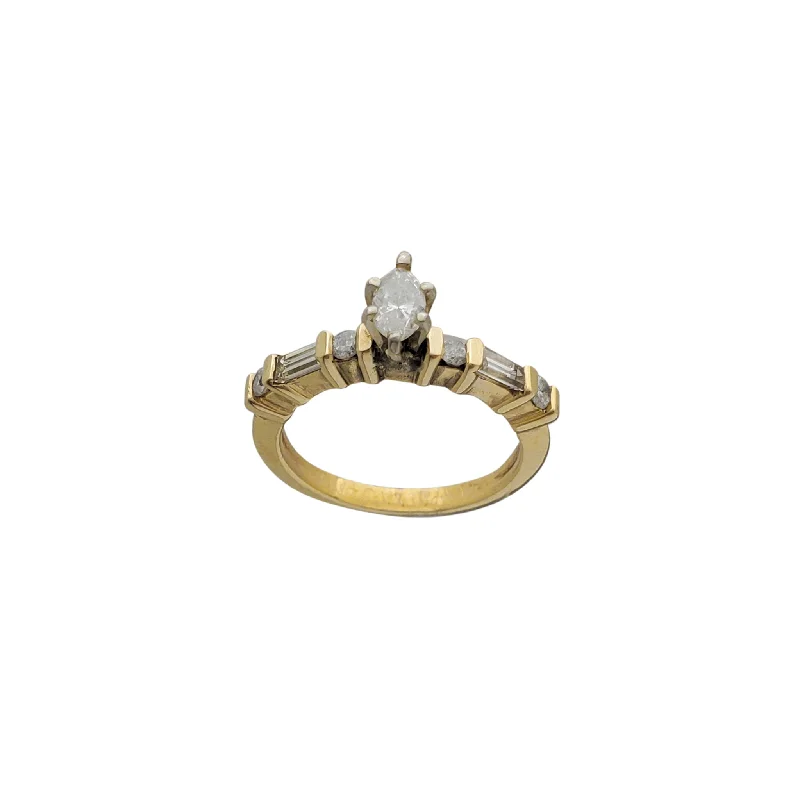 Designer Gold Ring with Unique Shape-Diamond Marquise Stack Baguettes & Round Engagement Ring (14K)