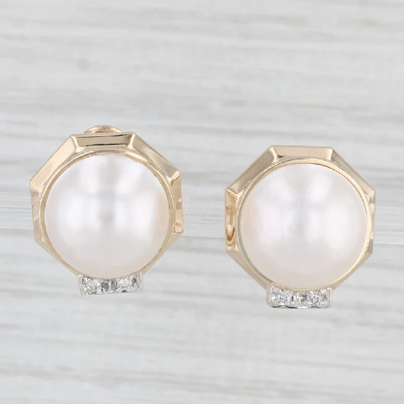 Gold Hoop Earrings-Mabe Cultured Pearl Diamond Stud Earrings 14k Yellow Gold Omega Backs