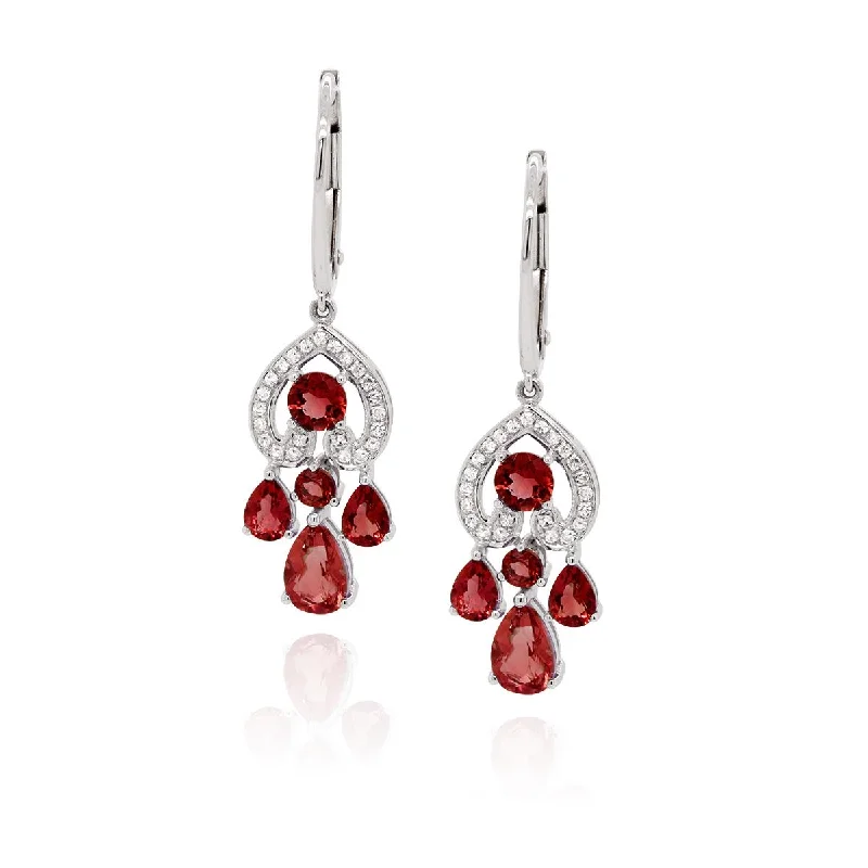 Diamond Hoop Earrings-WHITE GOLD FASHION DANGLE EARRINGS WITH GARNET AND DIAMONDS, .12 CT TW